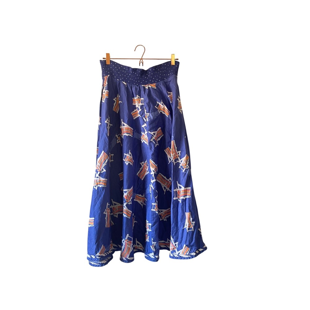 Jeanne‎ Marc Vintage Blue Beach Chair Print Smocked Midi Skirt Pockets medium